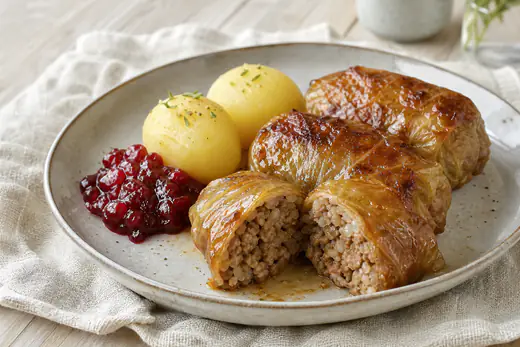 Brunade kåldolmar i en form med glänsande sirapsyta, serverade med kokt potatis och lingonsylt