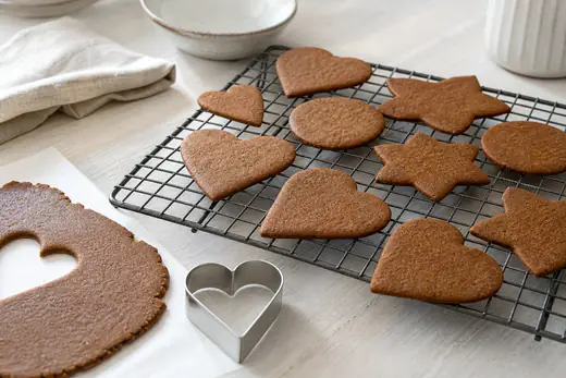 Tunna, mörkbruna pepparkakor i form av hjärtan och stjärnor på ett galler med en bit pepparkaksdeg